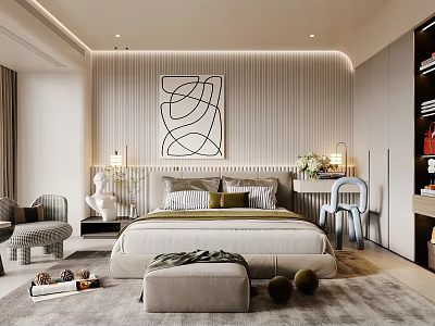 Modern Bedroom Interior With Abstract Painting Striped Wall Cozy Bed And Soft Rug 3d model