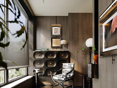 Warm Study Room Interior With Wooden Walls Blinds Black Cabinet Striped Chair And Green Plants 3d model