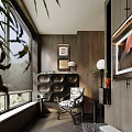 Warm Study Room Interior With Wooden Walls Blinds Black Cabinet Striped Chair And Green Plants