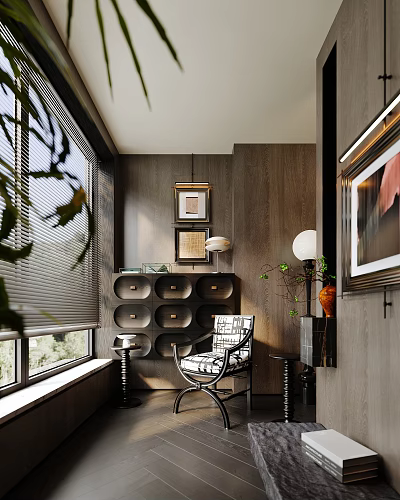 Warm Study Room Interior With Wooden Walls Blinds Black Cabinet Striped Chair And Green Plants 3d model
