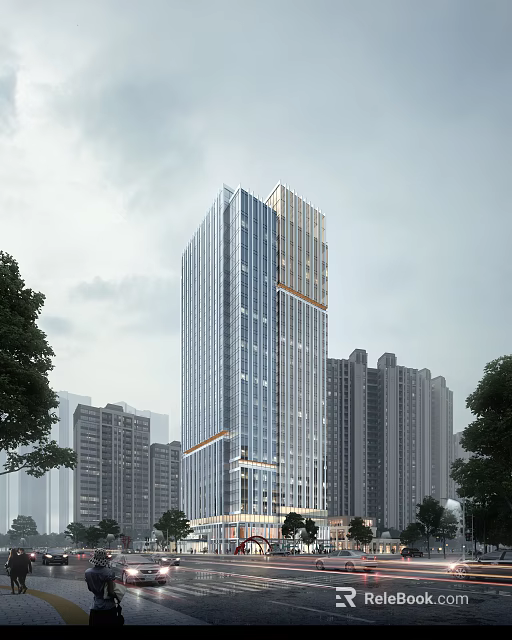 Modern High Rise Office Building With Glass Facade In Urban Skyline 3d model 