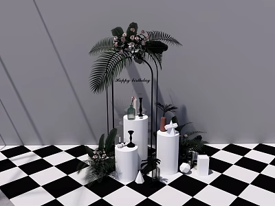 Happy Birthday Party Setup With Black Metal Arch Green Plants And White Cylindrical Decor Stands 3d model