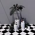 Happy Birthday Party Setup With Black Metal Arch Green Plants And White Cylindrical Decor Stands