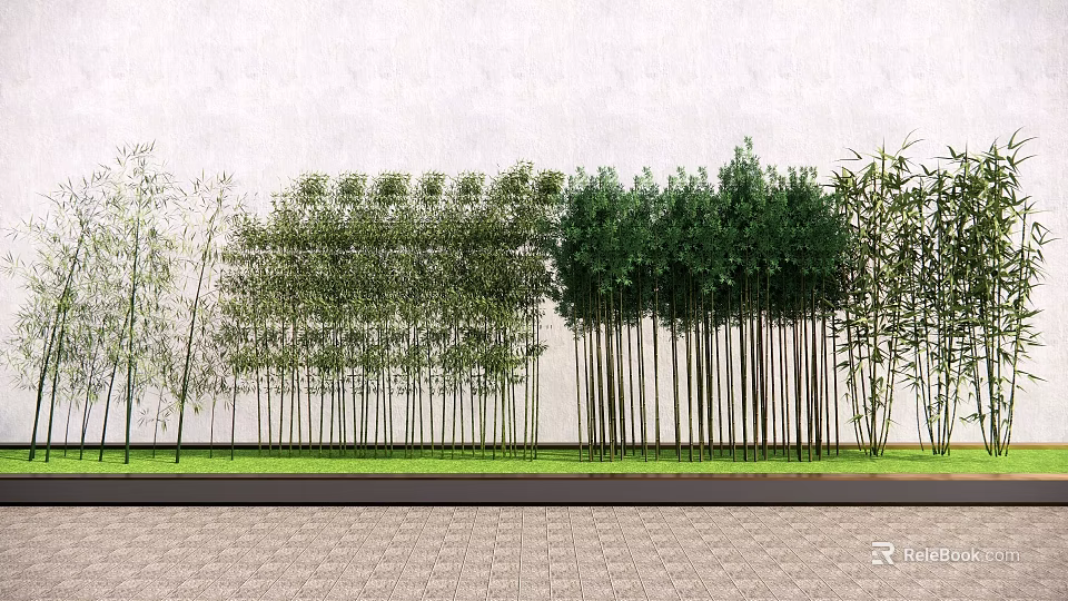 Row of Tall Trees With Various Species Against Light Colored Wall And Grass Paved Ground 3d model 