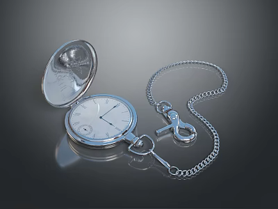 Elegant Vintage Silver Open Pocket Watch With Chain And Classic Dial 3d model