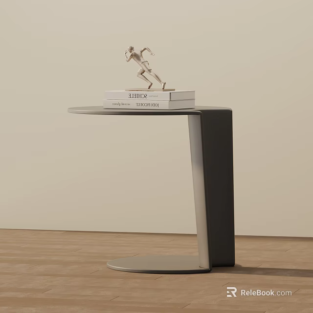 Modern Sleek Side Table With Curved Base And Round Top Holding Stacked Books And Small Sculpture 3d model 