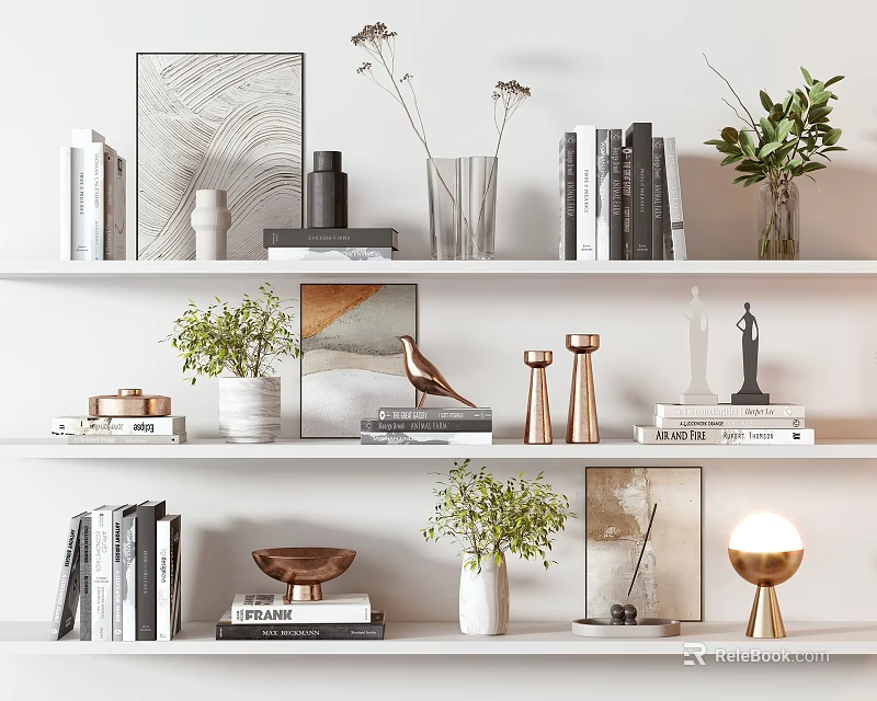 Stylish Decorative Ornament Set on White Shelves with Books Picture Frames Vases and Green Plants 3d model 