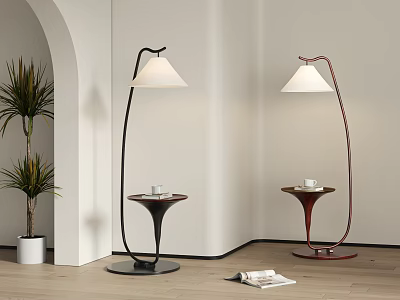 Modern Black Red Curved Floor Lamps With Side Table Base On Wooden Floor White Wall 3d model