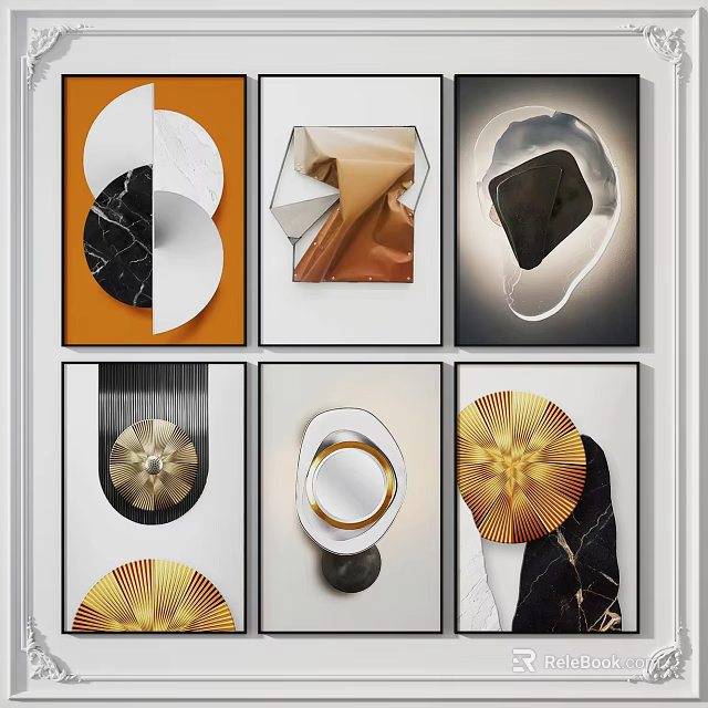 Modern Geometric Wall Art With Marble Textures And Gold Accent Decorative Set 3d model