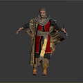Fantasy Game Movie Character In Red And Gold Outfit With Armored Shoulders And Cloak