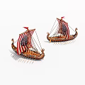 Two Ancient Wooden Ships With Red Flags Sails And Oars On White Background 3d model