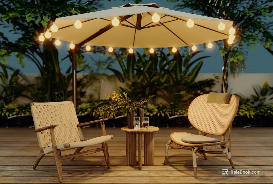 Outdoor Table with Two Rattan Chairs Umbrella String Lights and Green Plants on Wooden Deck 3d model 