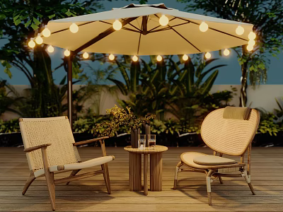 Outdoor Table with Two Rattan Chairs Umbrella String Lights and Green Plants on Wooden Deck 3d model