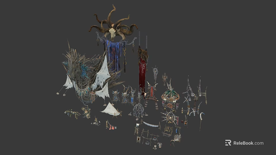 Various Fantasy Tribal Decorative Items With Antler Tapestry Flags Statues And Structures 3d model 