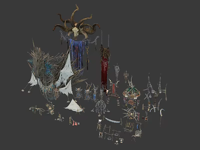 Various Fantasy Tribal Decorative Items With Antler Tapestry Flags Statues And Structures 3d model