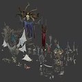 Various Fantasy Tribal Decorative Items With Antler Tapestry Flags Statues And Structures