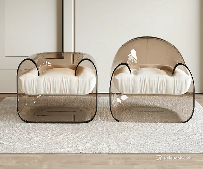 Modern Transparent Sofa Stools With Black Frame And Cream Cushion On White Carpet 3d model 