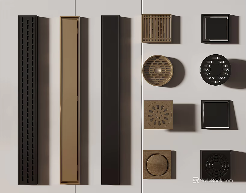 Modern Bathroom Accessories With Floor Drains And Drain Covers In Black Brown Colors 3d model 