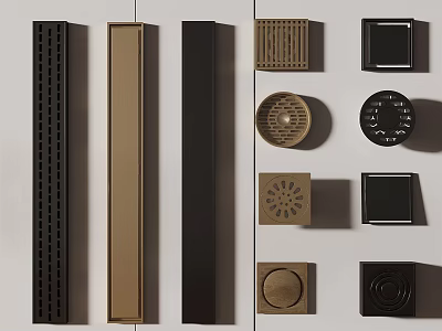 Modern Bathroom Accessories With Floor Drains And Drain Covers In Black Brown Colors 3d model