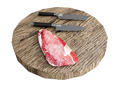 Fresh Raw Beef Steak On Round Wooden Cutting Board With Two Knives 3d model
