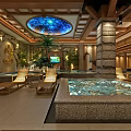 Elegant SPA Sauna Interior Design With Round Pool Stone Walls Wooden Ceiling And Green Plants
