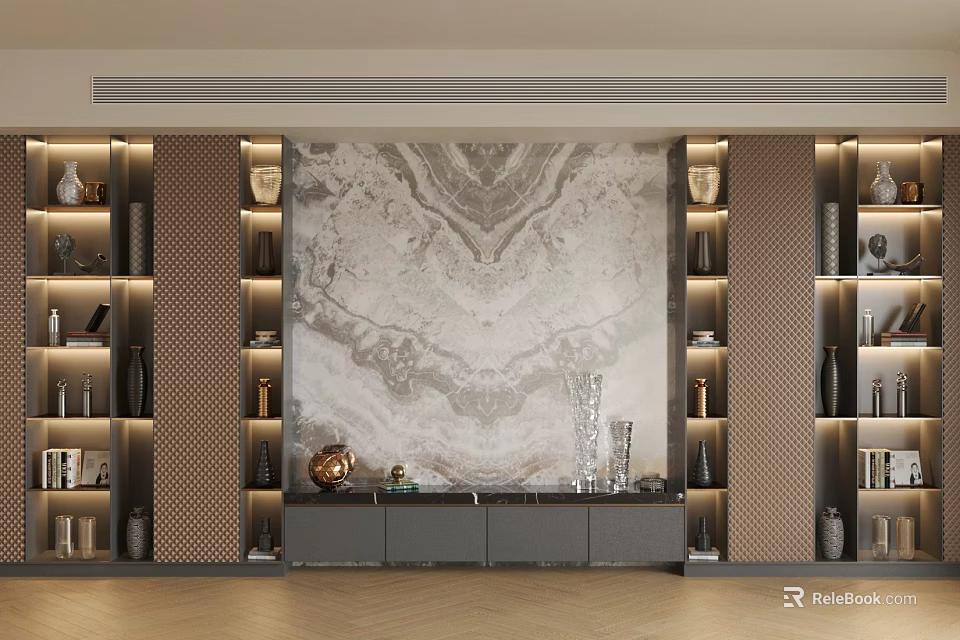 Modern TV Background Wall With Marble Texture Display Shelves LED Lighting And Decorative Items 3d model
