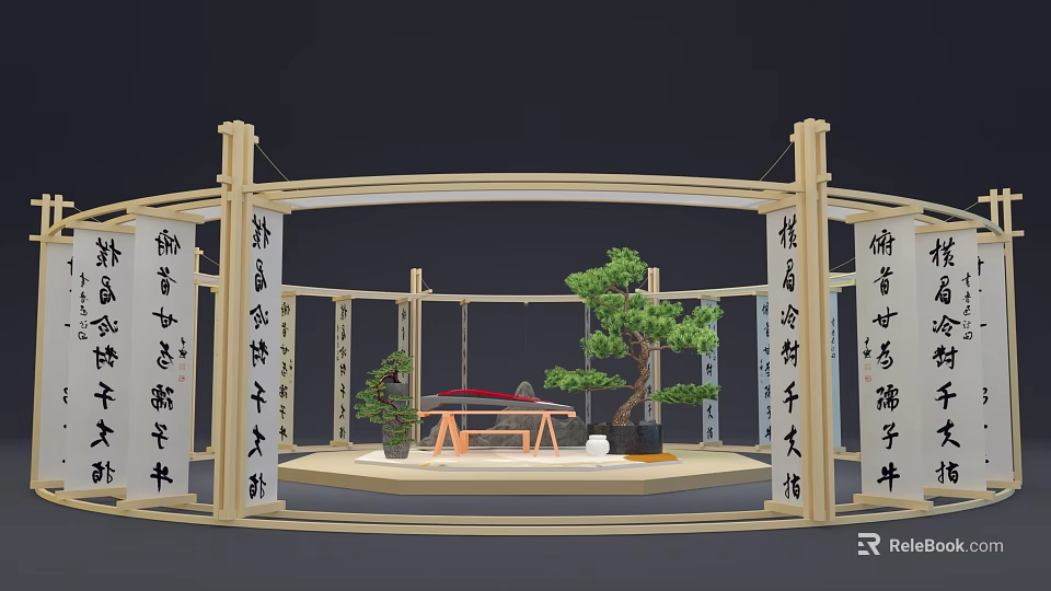 Traditional Chinese Decorative Setup With Wooden Framework Calligraphy Scrolls And Pine Bonsai 3d model