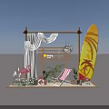 Beach Themed Decor Setup With Wooden Structure White Curtains Flamingo Surfboard And Striped Chair