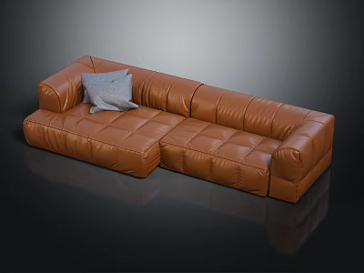 Modern Brown Leather Sectional Sofa With Gray Cushion And Stitched Details 3d model