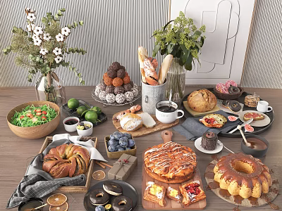 Assorted Baked Goods Including Croissants Bagels Tarts Fresh Blueberries Limes Coffee Salad Brunch Spread 3d model