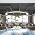 Modern Industrial Hotel Public Lounge With Comfortable Leather Sofas And Lush Indoor Green Plants