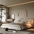 Modern Beige Bedroom With Large Bed Nightstand Dresser Curtains Soft Lighting And Decorative Artwork