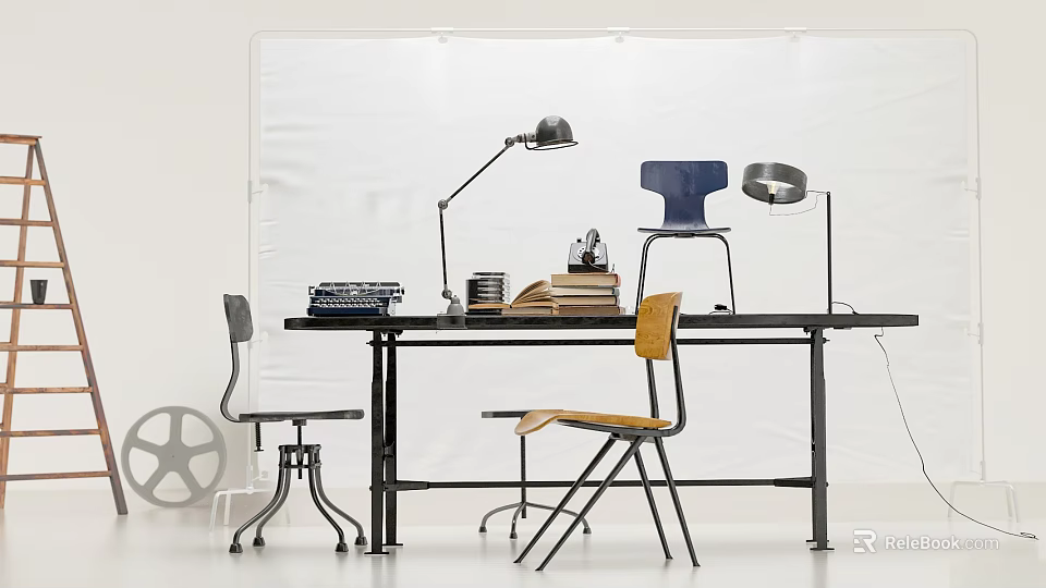 Desk With Gray Yellow Chairs Table Lamps Stacks Of Books And Typewriter On White Background 3d model 