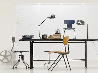 Desk With Gray Yellow Chairs Table Lamps Stacks Of Books And Typewriter On White Background 3d model