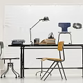 Desk With Gray Yellow Chairs Table Lamps Stacks Of Books And Typewriter On White Background