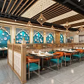 Traditional Restaurant Interior With Blue Decorative Walls Hanging Lights And Wooden Partitions