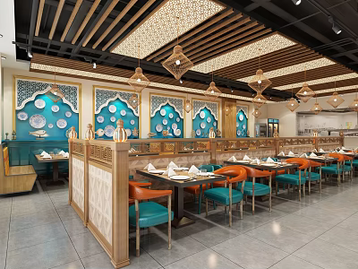 Traditional Restaurant Interior With Blue Decorative Walls Hanging Lights And Wooden Partitions 3d model