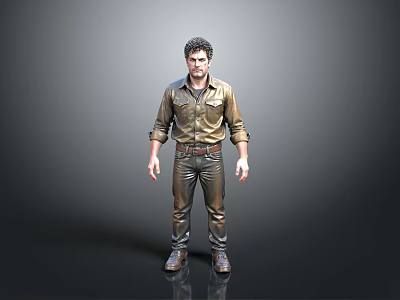 Man 3D Model in Brown Shirt and Pants with Belt Boots and Gray Background 3d model