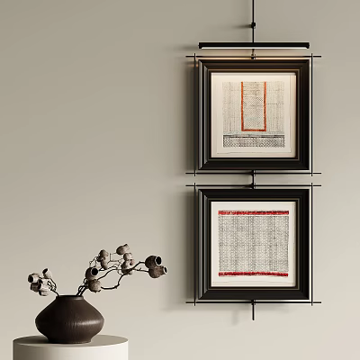 Abstract Paintings with Black Frames Red Lines and Text Elements on Wall with Vase Nearby 3d model