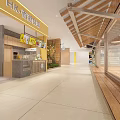 Modern Mall Lobby Interior With Wooden Staircase Green Plants Decorative Wall And Shoppers Walking