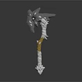 Mythical Battle Axe With Ornate Metal Blade And Gold White Wrapped Handle