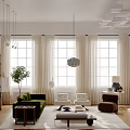 Bright Living Room Interior with Green Sofa Bookshelf Easel and Large Potted Plant