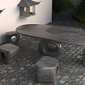 Stone Outdoor Table with Stools on Paved Ground Surrounded by Green Plants and Lanterns