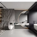 Modern Bathroom Interior Design With Marble Walls Round Mirror Glass Shower And Freestanding Bathtub