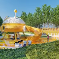 Outdoor Children's Play Area With Vibrant Yellow Pathways Round Dome Slides And Green Lawns