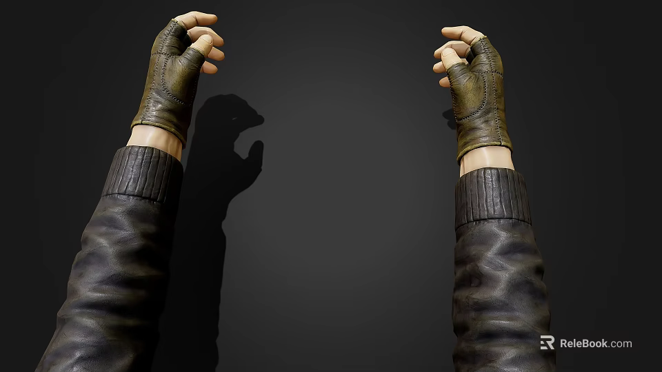 Hands Clenched in Leather Gloves with Dark Leather Sleeves Against Gray Background with Visible Shadows 3d model 