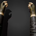 Hands Clenched in Leather Gloves with Dark Leather Sleeves Against Gray Background with Visible Shadows