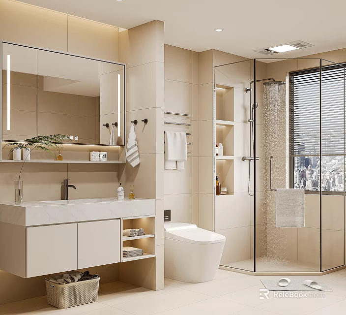 Modern Bathroom Interior With Large Mirror Vanity Toilet And Glass Shower Enclosure 3d model 