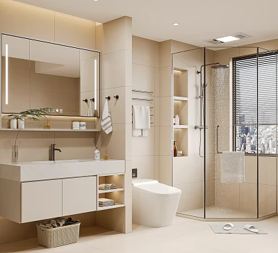 Modern Bathroom Interior With Large Mirror Vanity Toilet And Glass Shower Enclosure 3d model
