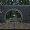 Traditional Garden Landscape Featuring Circular Archway Bamboo Forest Stone Path Snow and Stone Lion Statue